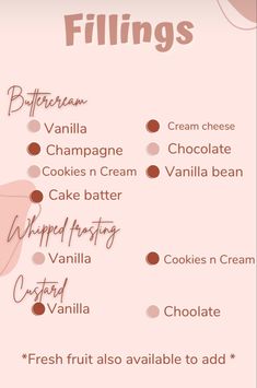 a menu with different types of desserts on it