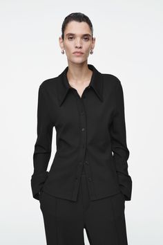 EXAGGERATED-COLLAR JERSEY SHIRT Black Dress Shirt Women's, Long Collar Shirt, Exaggerated Collar, Modern Wardrobe, Green Shirt, Jersey Shirt, Button Shirt, Khaki Green, Collar Shirts