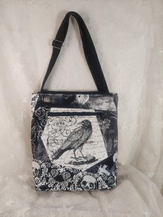 Gothic Raven Patchwork Boho Crossbody Bag, handmade with lightweight quilted cotton. Black and white Gothic witchy-themed purse designed, hand-pieced, hand- and machine-quilted by me. Raven wing zipper charms. Roomy main compartment with zippered top closure, long adjustable comfy cotton web strap, boxed bottom and zippered front pocket. Fully lined with extra pocket inside.  Bag is 10 x 10 x 2.5" / 25 x 25 x 6cm Long Cotton web strap adjusts up to 49" / 125cm Wash by hand, cool water or spot cl Gothic Raven, Raven Wings, Boho Crossbody Bag, Lightweight Quilt, Zipper Charms, Bag Handmade, Machine Quilting, Cross Body Handbags, Purses And Handbags