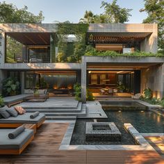 an outdoor living area with couches, tables and water feature in the pool surrounded by greenery