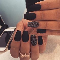 Matte black coffin w/ glitter Super Nails, Prom Nails, Accent Nails, Nail Polishes, Matte Nails