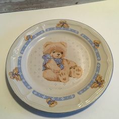 Teinshan Country Bear Stoneware Dinner Plate 10.5 Teddy Bear Plates, Bear Plates, Cute Plates, Porridge Bowl, Bow Aesthetic, Kids Dishes, Country Bears, Sublimation Ideas Projects Inspiration, Blue Teddy Bear