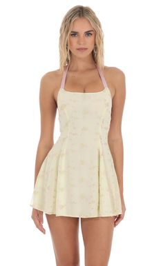 Halter Floral Embroidered Open Back Dress in Yellow | LUCY IN THE SKY