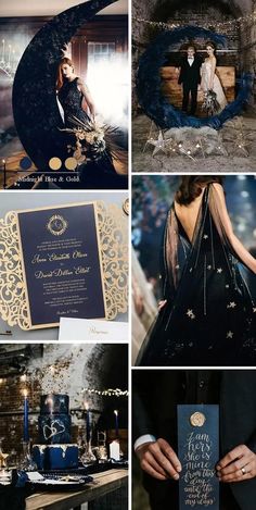 a collage of photos with different types of wedding decorations and colors, including black and gold