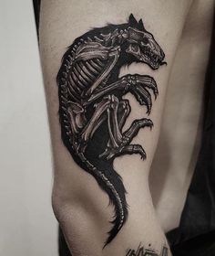 a man's arm with a tattoo on it that has a skeleton in the shape of a dragon