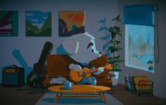 a painting of a dog playing guitar in a living room with paintings on the wall