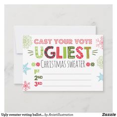 Ugly sweater voting ballot Christmas sweater Christmas Party Menu, Kids Ugly Sweater, Christmas Party Ideas For Teens, Christmas Party Backdrop, Ugly Sweater Diy, Adult Christmas Party, Kids Christmas Sweaters