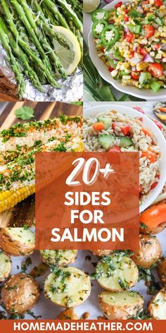 the side dishes for salmon and asparagus with text overlay that reads 20 sides for salmon