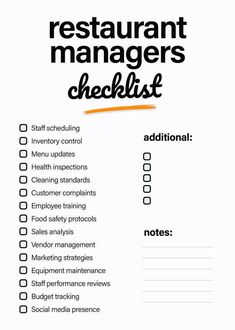 the restaurant manager checklist is shown in black and white