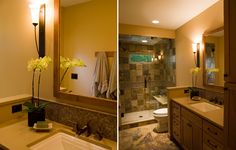 two pictures of a bathroom with flowers in the sink and on the mirror, there is a shower