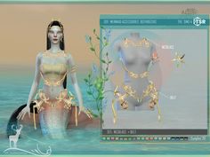 an animated image of a woman wearing gold jewelry in the water with flowers and butterflies around her neck