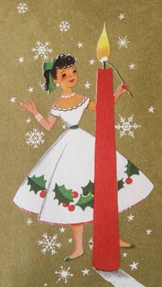 a christmas card with a woman holding a lit candle