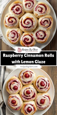 raspberry cinnamon rolls with lemon glaze are on a white plate next to the recipe