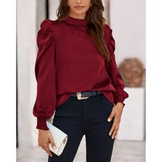 S=Us 4-6, M=Us 8-10, L=Us 12-14, Xl=Us 16-18, Xxl=Us 20 / Womens Tops Dressy Casual / Shiny Silk-Like Fabric / High Neck / Mock Neck / Puff Sleeve / Long Sleeve / Smocked Cuffs / Button Keyhole Back / Outer Seam At Back Material: Crafted From A Smooth, Silk-Like Fabric, This Casual Blouses For Women Offers A Luxurious Feel Against Your Skin Highlight: The Womens Blouse Features High Mock Neck Design, Exuding A Trendy And Feminine Flair. The Puff Sleeves Add A Touch Of Sophistication, While The S Stretch Solid Color Blouse For Fall, Fall Stretch Solid Color Blouse, Fall Lantern Sleeve Tops In Solid Color, Fall Lantern Sleeve Top Solid Color, Fall Party Blouse In Solid Color, Winter Blouse With Lantern Sleeves, Fall Lantern Sleeve Solid Color Blouse, Fall Solid Color Lantern Sleeve Blouse, Fall Lantern Sleeve Blouse