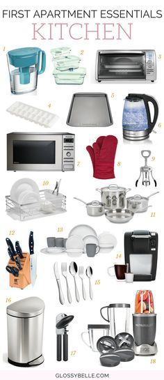 an image of kitchen items that are labeled in the words, first apartment essentials