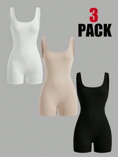 3pcs Solid Color Turtleneck Unitards For Summer Multicolor Casual    Plain  High Stretch  Women Clothing, size features are:Bust: ,Length: ,Sleeve Length: Home Gym On A Budget, Home Gym Essentials, Stylish Activewear, Supportive Sports Bras, Turtleneck Bodysuit, Gym Essentials, Gym Style, Fitness Health, At Home Gym