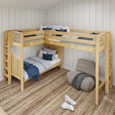 TRIO 1 NP : Multiple Bunk Beds Twin High Corner Loft Bunk Bed with Ladders on Ends Stacked Beds, Corner Bunk Beds, Queen Loft Beds, Corner Loft, Curved Bed, Triple Bunk Beds, Bottom Bunk, Loft Bunk Beds, Triple Bunk