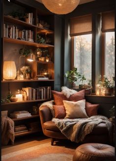 a living room filled with lots of furniture and bookshelves next to a window