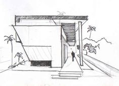 a drawing of a person standing in front of a building with palm trees on the other side