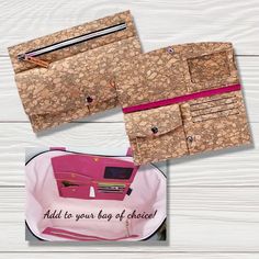 two purses sitting next to each other on top of a white table with the words, add to your bag of choice