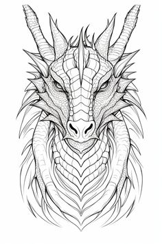 a drawing of a dragon's head in black and white