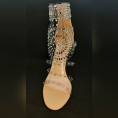 Nude Stiletto W Clear Rhinestone Embellished Cover For Foot & Ankle. Heel Height: 4.5”- Nwt Clear Heels With Rhinestones And Ankle Strap, Embellished Clear Open Toe Heels, Elegant Formal Heels With Rhinestone Rivets, Formal Heels With Rhinestone Rivets, Clear Embellished Party Heels, Glamorous Clear Heels With Rhinestones, Formal Clear Heels With Rhinestones, Silver Heels With Rhinestone Rivets For Evening, Elegant Open Toe Heels With Silver Studs