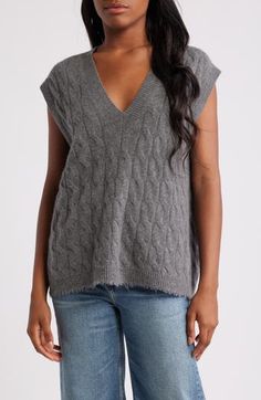 Classic cables texture a heathery sweater-vest knit from pure cashmere and finished with a frayed-rib hem. V-neck Ribbed hem 100% cashmere Dry clean Imported Vest Knit, Cashmere Sweater, Sweater Vest, Sweater Top, Cashmere, Dry Clean, Cable, Nordstrom, Womens Tops