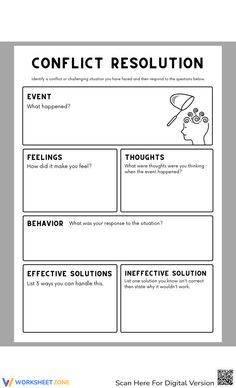 the conflict resolution worksheet is shown in black and white, with an image of a