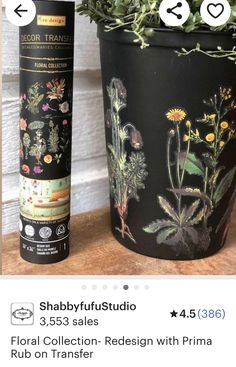 a flower pot with flowers painted on it next to a tube of hair dyes