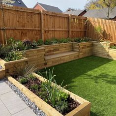 a garden with grass and wooden planters in the middle, surrounded by wood fence