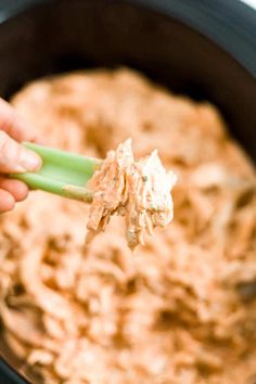 a hand holding a spoon full of food in a slow cooker with the lid open