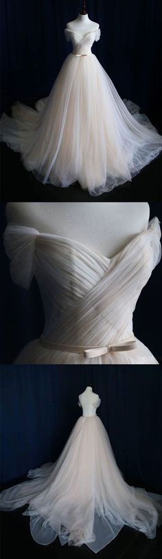 the back and side view of a wedding dress with tulle on it, in three different views