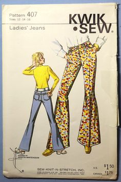 Kwik Sew 407.   Vintage 1973 bell bottom hip hugger jeans pattern.   Sizes 12-16. Pattern is uncut and factory folded. Classic 70's Ladies Jeans - hip hugging with fitted leg through knee and then flare to ankle. Timeless and fun fashion "hippy" bell bottom pants! Designed for double knits and woven fabrics. Hip Hugger Jeans, Jeans Pattern, Making Clothes, Vintage 1973, Ladies Jeans, Kwik Sew, Patterned Jeans, Woven Fabrics, Jeans Diy