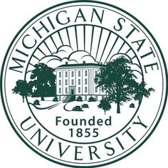 the michigan state university seal with trees and clouds in the background on a black background