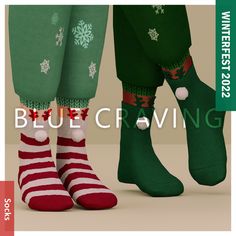 two people wearing green and red socks with snowflakes on them, one in the foreground