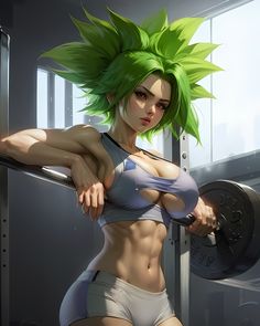 a woman with green hair is holding a barbell