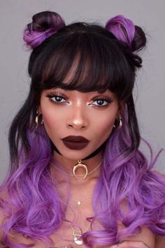 Fringe Bangs Hairstyles, Black Hair Color, Hair Color Purple, Grunge Hair, Aesthetic Hair, Purple Hair, Hairstyles With Bangs, Diy Hairstyles, Cortes De Cabello Corto