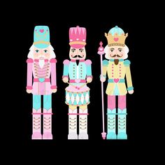 three nutcrackers are standing next to each other in different colors and sizes