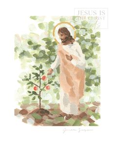 an image of jesus standing next to a small tree with leaves on it and the words, jesus is the christ