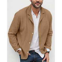 Season:Spring  Summer; Fabric:Cotton Blend; Gender:Men's; Occasion:Formal,Street,Party,Office; Placket:Single Breasted; Function:Comfy; Pattern:Solid Color; Neckline:Notch; Outerwear Type:Blazer Jacket; Listing Date:04/26/2024; Bust:null; Length:null; Shoulder Width:null; Sleeve:null Khaki Single-breasted Outerwear With Lapel Collar, Casual Solid Color Single Breasted Outerwear, Beige Button-up Blazer With Pockets, Beige Blazer With Pockets, Khaki Blazer With Lapel Collar And Pockets, Khaki Blazer With Buttoned Pockets For Winter, Khaki Winter Blazer With Buttoned Pockets, Khaki Blazer With Pockets And Lapel Collar, Winter Khaki Blazer With Buttoned Pockets