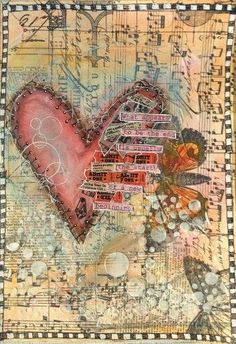 an altered collage with words and butterflies on the pages, including a heart surrounded by music notes