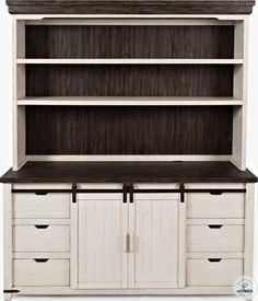 a white bookcase with drawers and cupboards on it's sides, in front of a white background