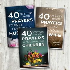 three cards with the words 40 bibles to pray for children and flowers on them