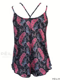 Peilia - Paisley Print Cami Top with Dual Straps, Elegant Sleeveless Crew Neck Summer Blouse, Womens Fashion Apparel Stretch Sleeveless Blouse Camisole For Beach, Printed Sleeveless Stretch Tankini, Fitted Sleeveless Paisley Print Top, Patterned Sleeveless Stretch Top, Patterned Stretch Sleeveless Top, Sleeveless Stretch Patterned Tops, Stretch Sleeveless Patterned Top, Printed Camisole Tank Top For Beach, Multicolor Printed Sleeveless Tankini