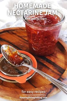 homemade nectarine jam in a jar and spoon on a wooden tray with text overlay