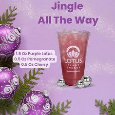 Graphic of Jingle All the Way Lotus. Made with 1.5 oz Purple Lotus, 0.5 oz pomegranate, and 0.5 oz cherry flavoring. Purple Lotus Recipes, Purple Lotus Energy Drink Recipes, Diffused Water