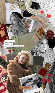 a collage with many different pictures and words on it's side, including a woman