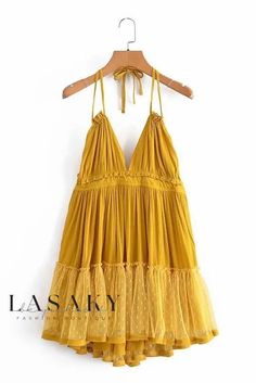 Lasaky - Stylish Womens Lace-Spliced Halter Neck Backless Dress with Deep V-Neck Backless Sundress, Strapless Beach Dress, Goth Vintage, Beach Holiday Dresses, Mode Hippie, Neck Deep, Vestido Plus Size, Boho Mini Dress, Mini Party