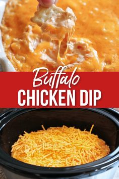 buffalo chicken dip in a crock pot with text overlay