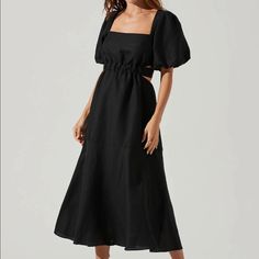 The Angeles Dress Features A Square Neckline That Leads To A Cinched Waist With Tying Straps At The Back. Cutout Design Along The Hips And Back. Short Puff Sleeves. Midi-Length Skirt. Details + Care Dry Clean Only Self: 55% Linen / 45% Viscose Lining: 100% Cotton Zipper Closure At Center Back Style #Acdr100897 Size Medium Nwt Never Worn! Bridal Shower Dress, Shower Dresses, Cutout Design, Chic Shop, Astr The Label, Fashion Wishlist, Lilac Dress, Puff Sleeve Dresses, Flattering Dresses